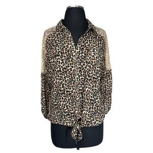 Shyanne Cheetah Print Lace Western Blouse Top Tie Front Roll Tab Sleeve Size XL